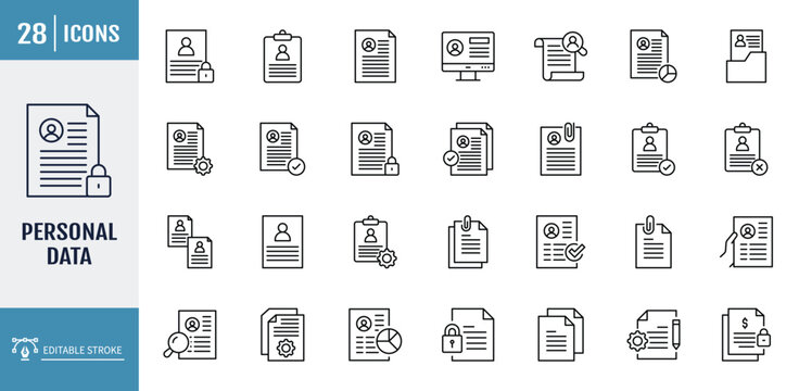 Personal data icons set. including online portfolio, id card, data protection, and more. editable stroke. vector illustration