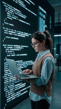 Woman programmer coding on laptop in modern tech workspace