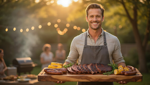 Proud Man Holding Grilled BBQ Platter at Outdoor Summer Backyard Party