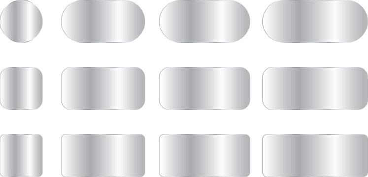 Set of metallic silver glossy buttons, badges or labels with different shapes and rounded corners