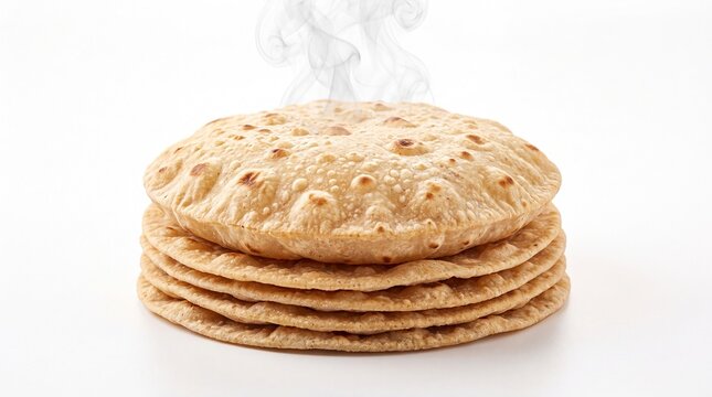 Fresh hot chapati stack with rising steam, traditional Indian flatbread roti on white background, healthy homemade wheat tortillas