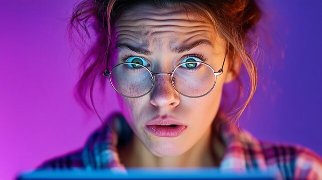 Shocked woman with glasses looking at screen in neon light.

