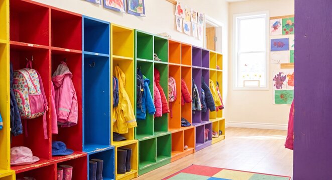 A row of vibrant red blue and yellow cubbies with hanging backpacks and jackets inside a cheerful well lit kindergarten corridor