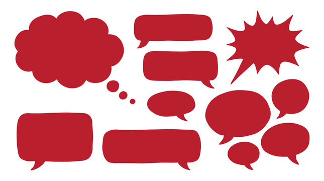 Set of red speech bubbles and thought balloons for comic design with dialogue communication illustration template expression isolated