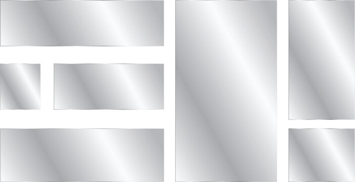 Set of blank metallic banners and frames, silver glossy plates with reflection, rectangular and square metal signs for web design or ui elements