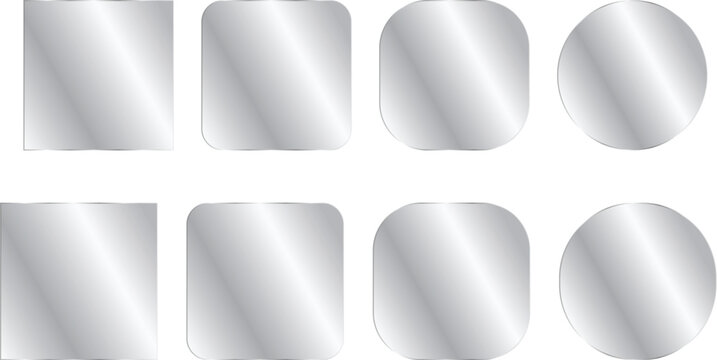 Set of metallic silver glossy buttons with different corner radius, from square to circle, vector illustration