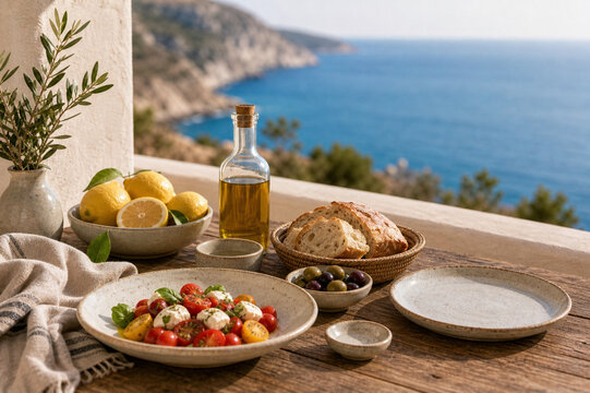 Mediterranean lunch on terrace with generic sea view