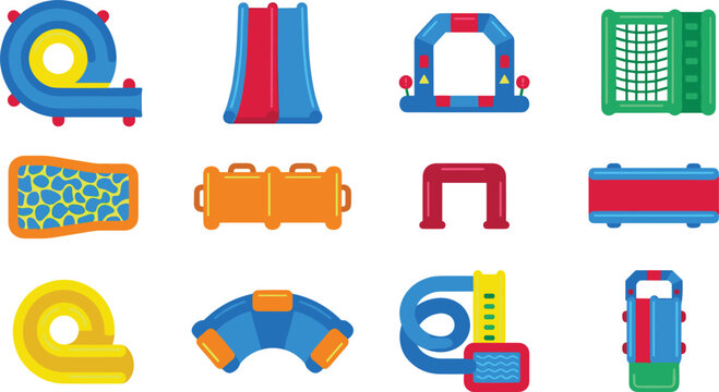 Inflatable Obstacle Course Top View Component Vector Set Featuring Spiral Slides, Arch Tunnels, Ball Pit, Jumping Pads, and Modular Water Park Construction Elements