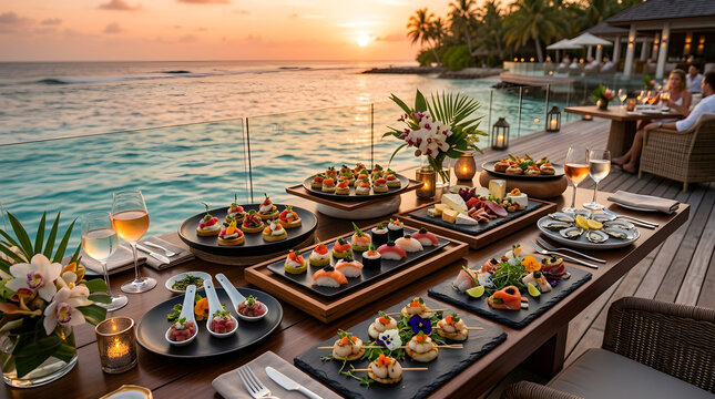 Luxury dinner buffet with various gourmet dishes served on a wooden table at a beach restaurant during a beautiful tropical sunset