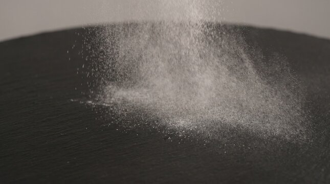 Cloud of white powder settling on dark surface
