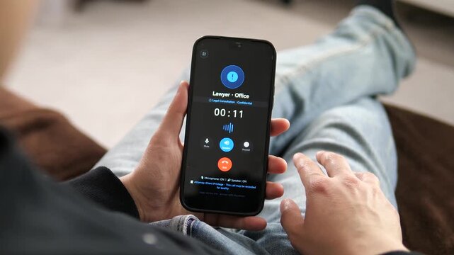 Smartphone displays an incoming legal consultation call from a lawyer's office. Screen shows active microphone, speaker, and keypad with attorney-client privilege notice. Represents confidential legal