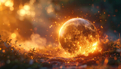 Glowing orb with fiery particles in nature landscape fantasy artwork