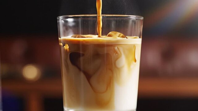 A glass of iced coffee with milk and ice cubes on a blurred background with coffee being poured into it slowly