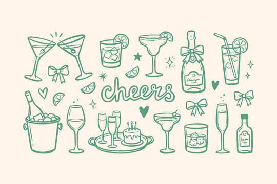 Hand drawn doodle set of cocktails champagne and cheers text for party celebration and festive event design Vector, illustration