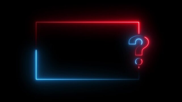 Neon glowing question mark sign along with rectangle frame. quiz neon Line Animation with option selection on black background Quiz template challenge 4k video
