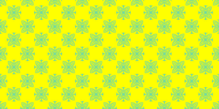 Seamless geometric pattern with green thin line butterfly ornament on bright yellow background.  abstract textile design.