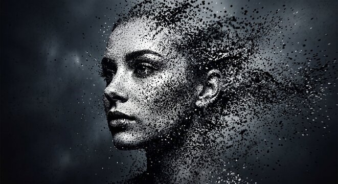 Abstract black and white artistic portrait of a woman face dissolving into flying particles and dust fragments against a dark background