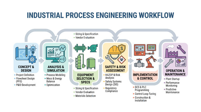 Industrial Process Engineering Workflow Diagram: Concept, Analysis, Equipment, Safety, Implementation, Operation
