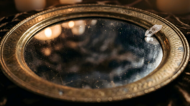 Esoteric astrology background with vintage magic mirror crystal and reflected constellation stars