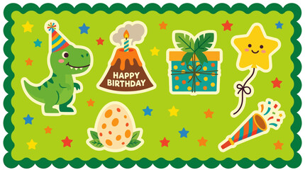 Naklejka premium A colorful illustration of a dinosaur wearing a party hat celebrates a birthday with a volcano, gifts, and festive decorations.