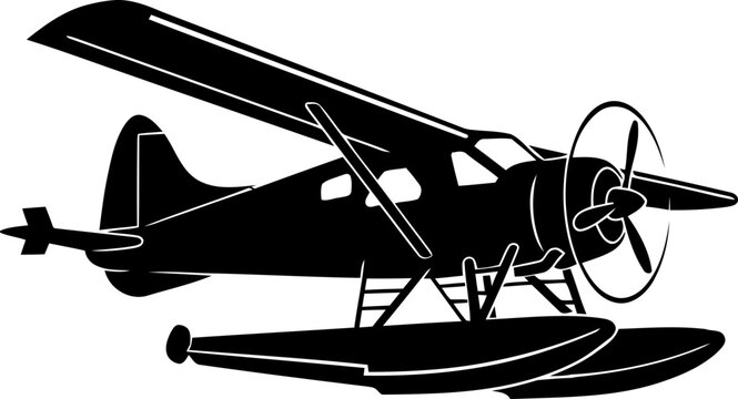 Seaplane, Amphibious Aircraft, Black Vector Icon, Aviation Transportation