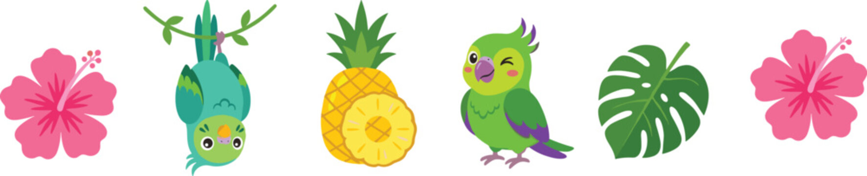Tropical Summer Clipart Collection Vector Set with Hanging Parrot Pineapple Monstera Leaf Hibiscus Flowers and Cute Exotic Bird