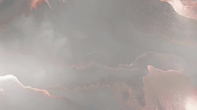 Moving abstract background of flowing rose gold glitter and gray liquid paint. Algae and emerald like texture. Ink flow animation for website.