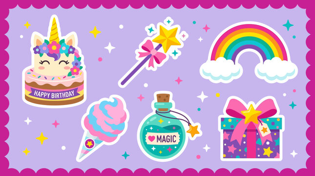 A vibrant birthday scene with a unicorn cake, magic wand, rainbow, ice cream, and gifts on a purple background.