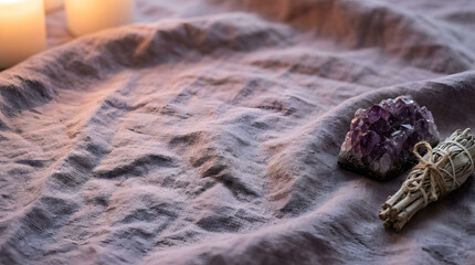 Obraz premium Spiritual wellness background with healing amethyst crystal cluster and white sage bundle on linen