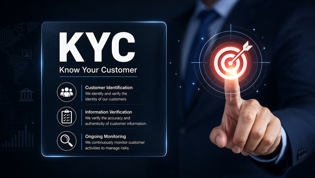 A professional business executive interacting with a futuristic digital interface displaying Know Your Customer KYC protocols including identification, verification, and ongoing monitoring of client a