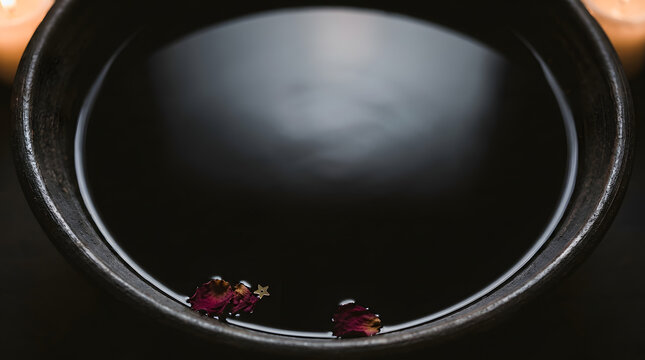 Mystical scrying bowl background with dark water and floating rose petals for oracle rituals