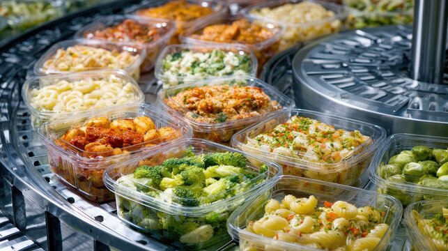 Various fresh meals in clear plastic containers on a deli display. Showcases healthy convenient food options for grocery stores or catering.