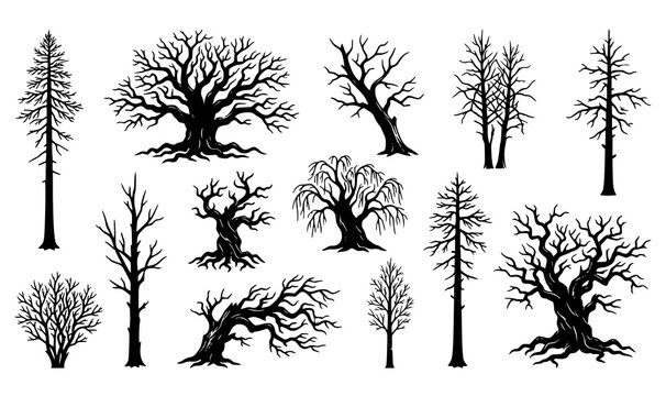 Bare trees silhouettes vector set with dead winter forest trunk shapes and abstract spooky branches clip art collection