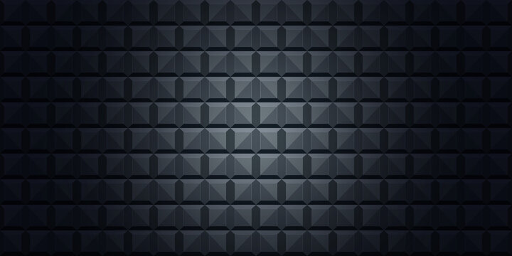 Abstract dark geometric background with 3D pyramid square pattern and soft center lighting, modern architectural texture.