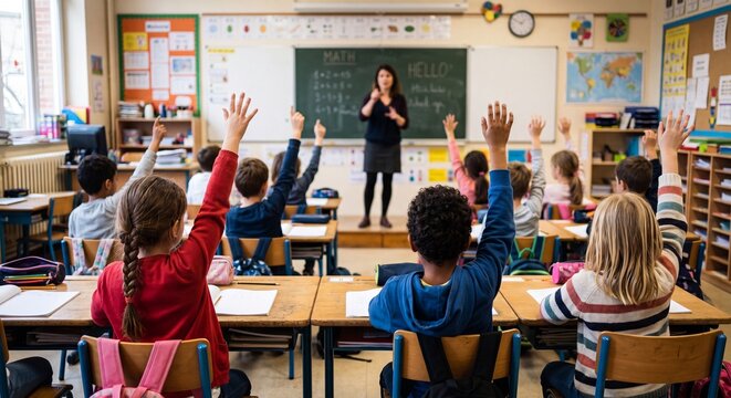 A female teacher stands at the front of a colorful primary classroom while young students sit at desks raising their hands eagerly