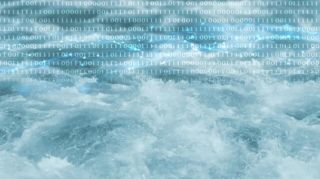 water texture with binary code overlay and grid wave from nodes and lines, motion graphics overlay concept for digitization and tokenization of water resource 