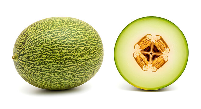 Whole and sliced piel de sapo melon isolated on white background