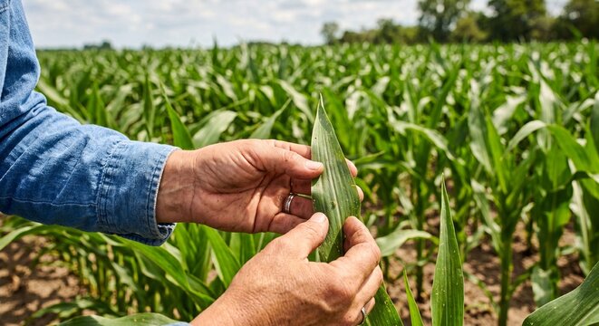 A close up view of a farmer holding and inspecting a vibrant green leaf of a corn plant growing in a sunny agricultural field