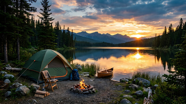 Serene lakeside campsite at sunset with tent canoe and campfire in wilderness