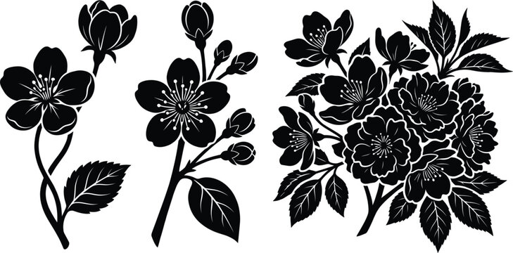 Solid black cherry blossom silhouette vector set with decorative spring flower branch icons