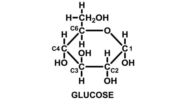 Glucose molecule chemical structure diagram displaying carbon and oxygen atoms in a hexagonal ring configuration with labeled atomic positions for education