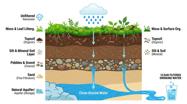 Educational cross section diagram illustrating the natural water filtration process through soil layers into a clean underground aquifer for drinking water