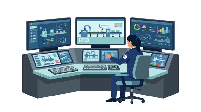 Industrial control room with woman operating complex machinery on monitors.
