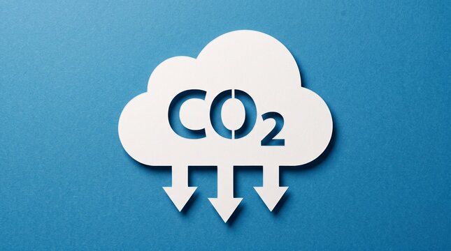 White cloud icon with co2 and arrows on blue background