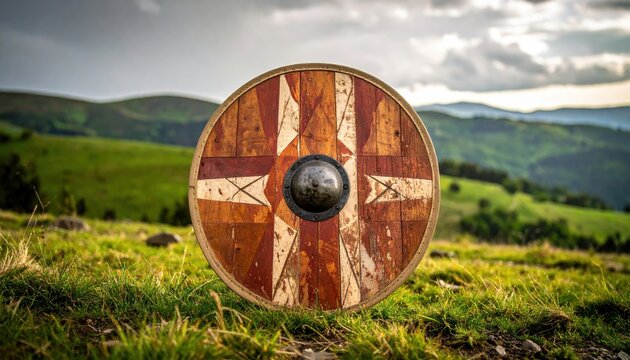 Ancient Viking Shield Resting on a Grassy Hillside with Rolling Hills and Cloudy Sky, Historical Reenactment Prop, Rustic Wood Texture, Dramatic Outdoor Lighting