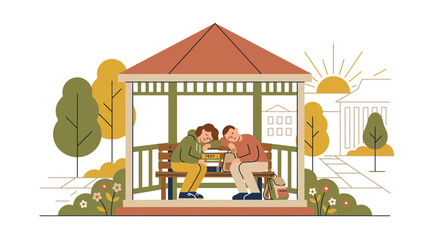 Obraz premium Two friends sharing secrets in a park gazebo, autumn setting