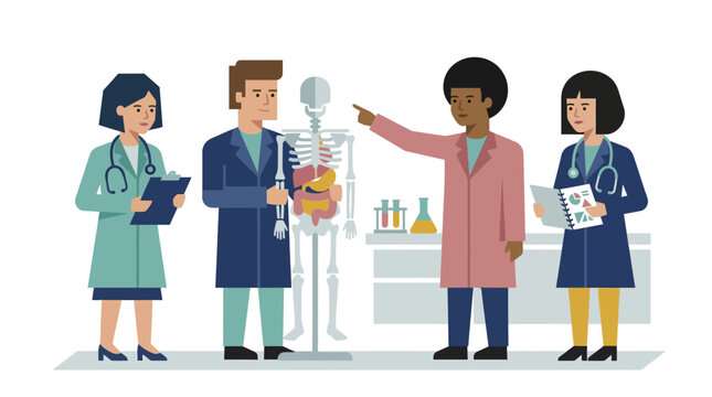 Diverse Medical Team Discussing Anatomy Model in Modern Clinic