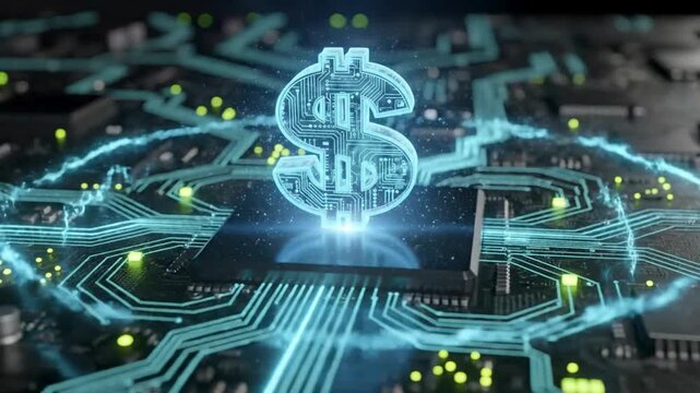 Digital cryptocurrency animation with blockchain coin, secure fintech transactions, decentralized finance network and futuristic financial technology concept