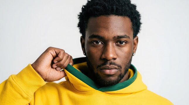 Confident young black man wearing a yellow hoodie studio portrait