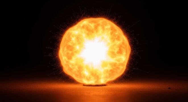 A miniature pyrotechnic device exploding, producing a bright spherical orange and yellow fireball during a dark, celebratory evening, ignition, glowing, cracker